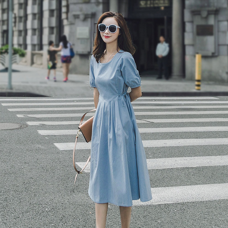 蓝色赫本连衣裙女春夏女装2024新款夏装温柔收腰气质高端棉麻裙子,女装连衣裙,浙宝228