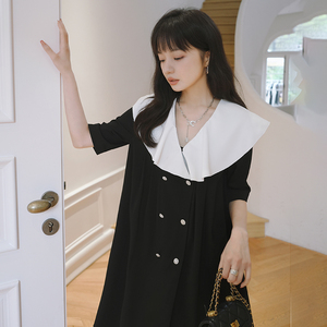 小香风黑白格子娃娃领连衣裙女夏2025新款超好看宽松直筒高质感裙图片