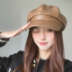 韩版 秋冬新款 八角帽女大头围显脸小帽子英伦复古pu文艺报童帽大脸