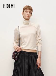 HIDEMI 进口澳洲美利奴羊毛立体拼接宽肩高领半宽松打底针织毛衣