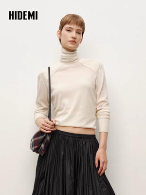 HIDEMI 进口澳洲美利奴羊毛立体拼接宽肩高领半宽松打底针织毛衣