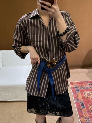 JACQUES WEI 26春夏系列 棕色立体花扣条纹衬衫 W13