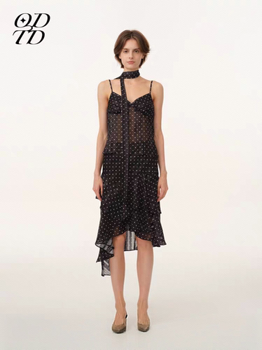 ODTD 26春夏新款条纹波点系带飘带上衣荷叶边半裙女