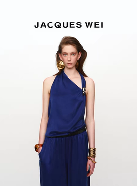 JACQUES WEI 斜肩挂脖金属扣吊带背心铜氨宝蓝色显瘦无袖气质上衣
