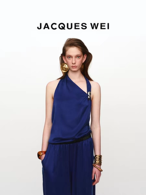 JACQUES WEI 斜肩挂脖金属扣吊带背心铜氨宝蓝色显瘦无袖气质上衣