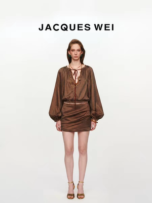 JACQUES WEI 法式复古不对称褶皱缎面金丝条纹短裙高腰显瘦半身裙