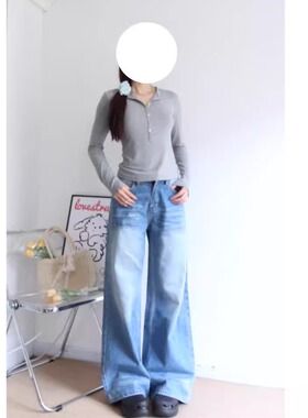 野原白折痕做旧水洗牛仔裤夏2024新款拖地显瘦宽松直筒阔腿裤