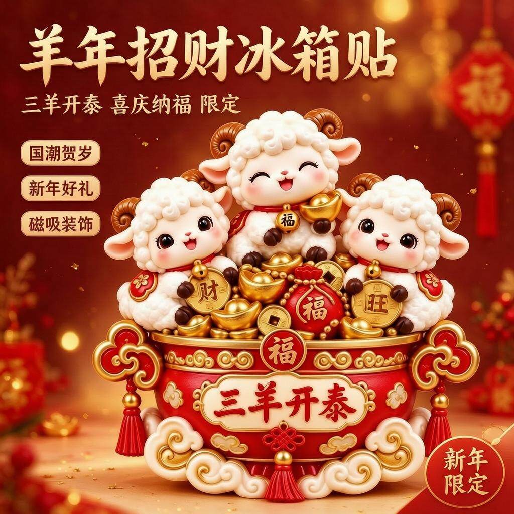 2027年新款三羊开泰冰箱贴磁吸贴新年春节装饰品创意家居磁吸摆件
