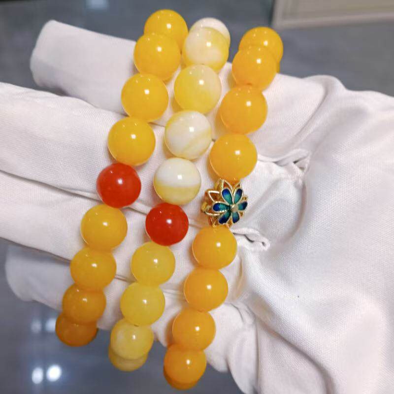 天然鸡油老黄蜜蜡手串白妖花琥珀配饰搭配南红景泰蓝单圈圆珠女款