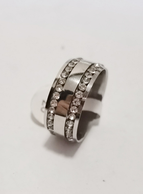 清仓处理 10mm宽 银色 双排钻 满钻 不锈钢戒指