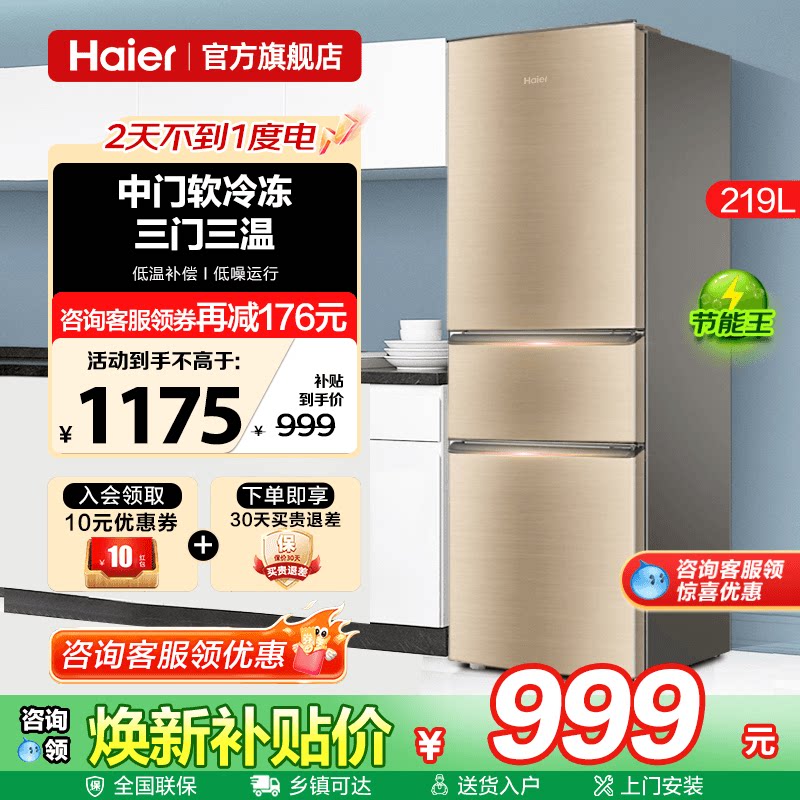 Haier海尔冰箱219升三开门家用小型出租房用两门二人电冰箱旗