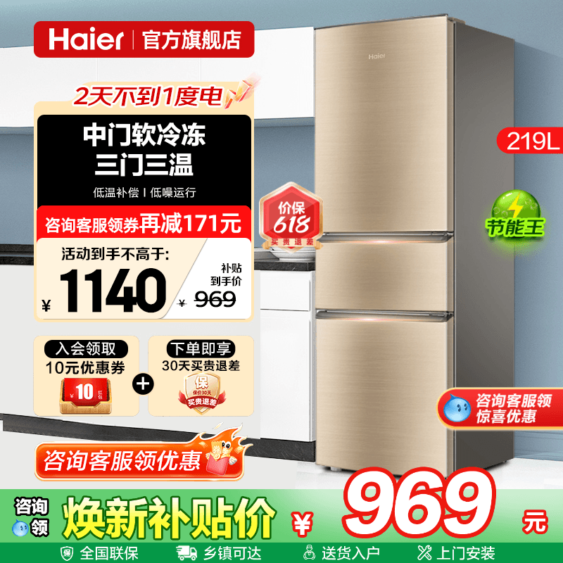 Haier海尔冰箱219升三开门家用小型出租房用两门二人电冰箱旗