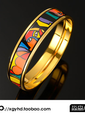MSMY欧美风手工珐琅彩景泰蓝手镯子女钛钢镀18k黄金开口不褪色