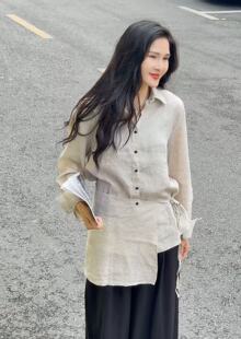 翻领收腰款 新款 2026春夏季 亚麻衬衫 老板娘容容