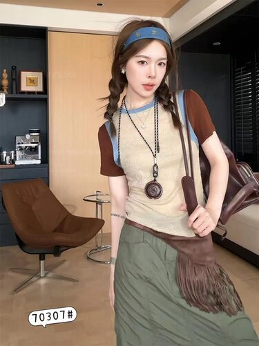 【老板娘容容】夏季潮牌新品美式辣妹假两件拼色T恤70307