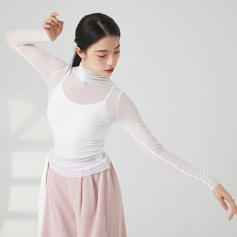 高领网纱现代舞蹈服女纯色透视轻薄纱衣古典舞舞蹈服显瘦成人上衣