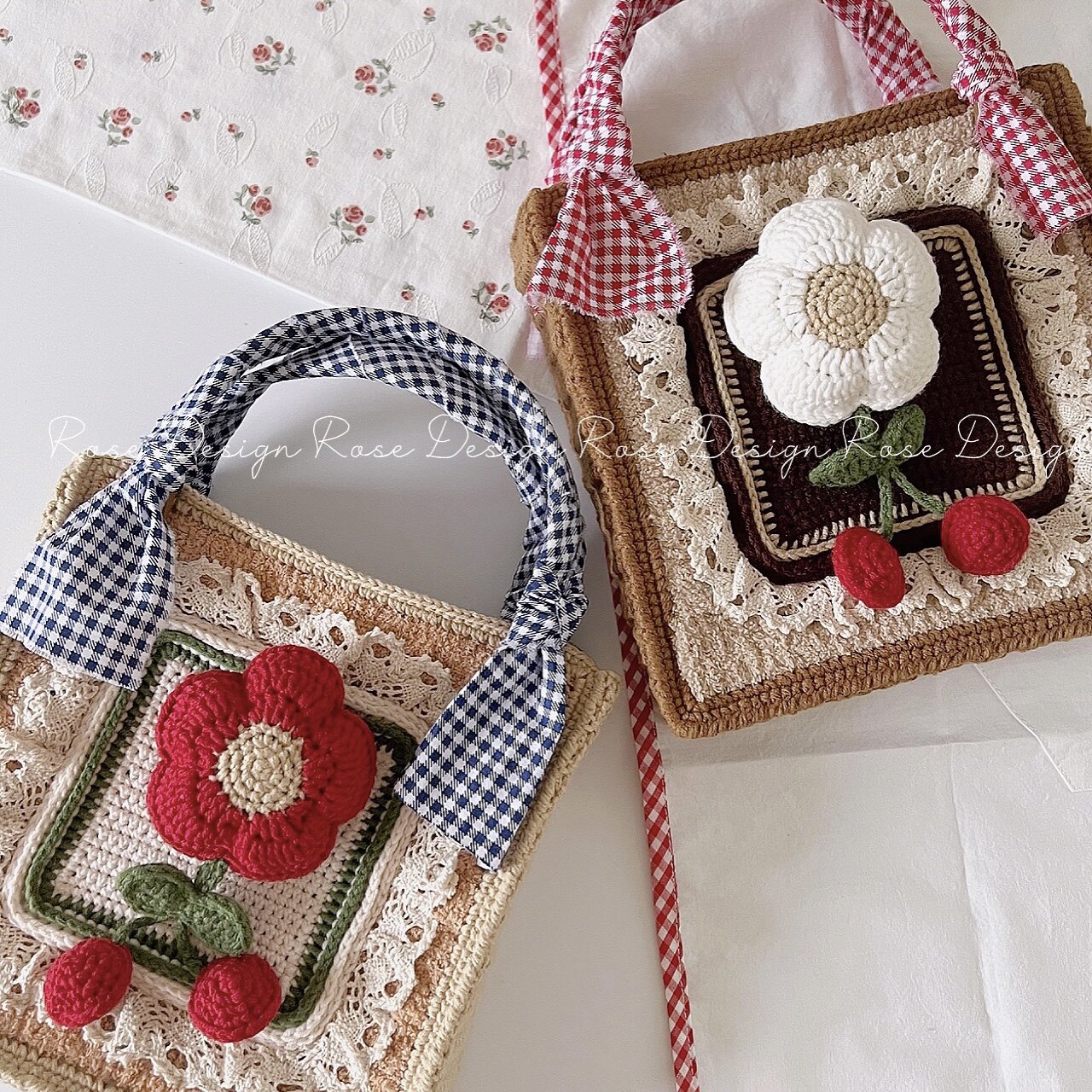 ROSES PLACE OF LIFE CHILDLIKE RETRO CHERRY BLOSSOM KNITTED BAG DIY HANDMADE CROCHET WOOL MATERIAL BAG INS KOREAN