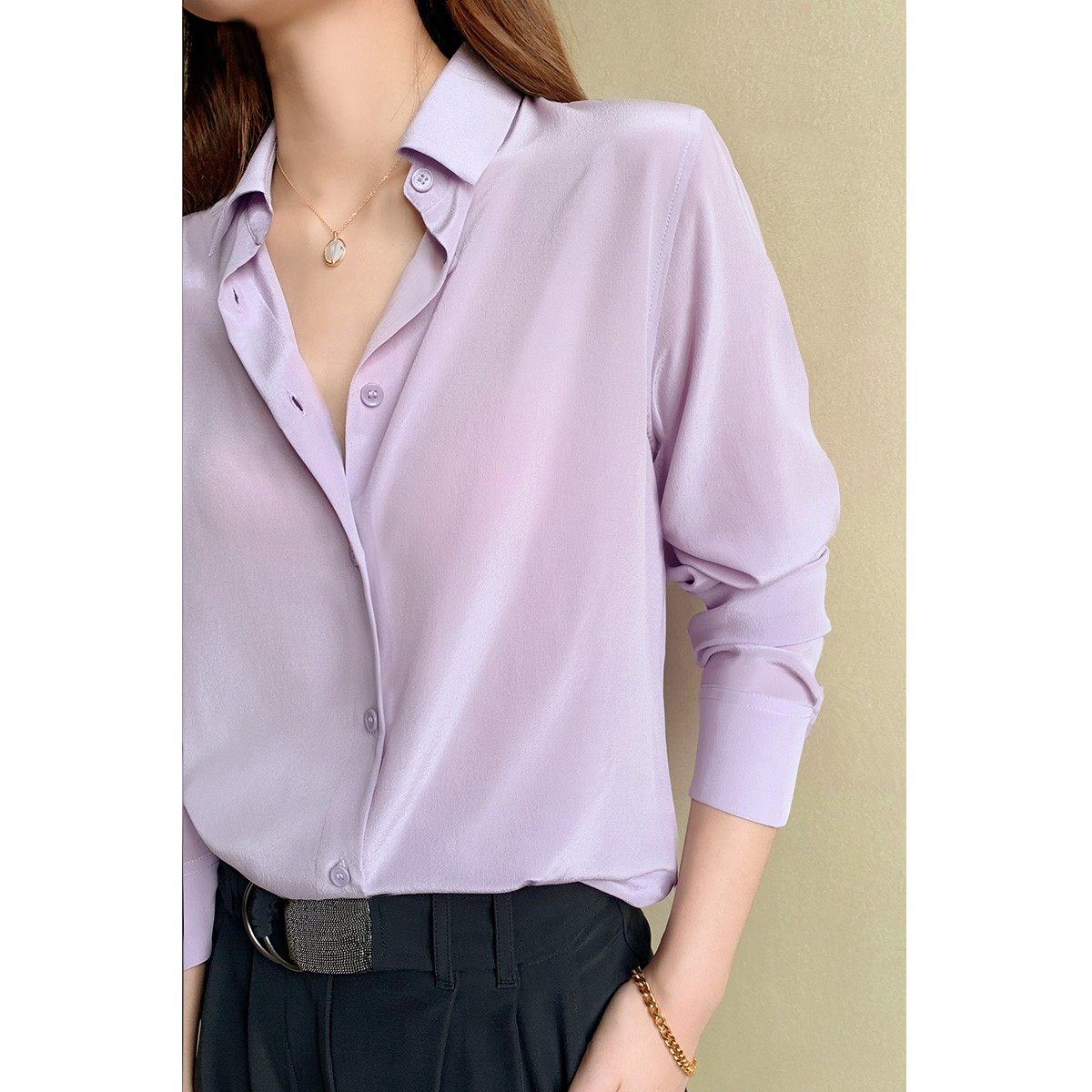 欧洲站经典通勤简约浅紫色真丝