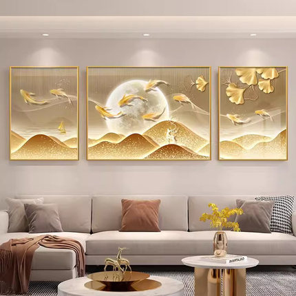 2026新款钻石画三联画客厅九鱼聚财背靠金山手工点钻十字绣银杏叶