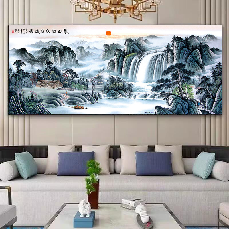 春山富水钻石画2025新款中式客厅大气点钻十字绣流水生财风景满钻