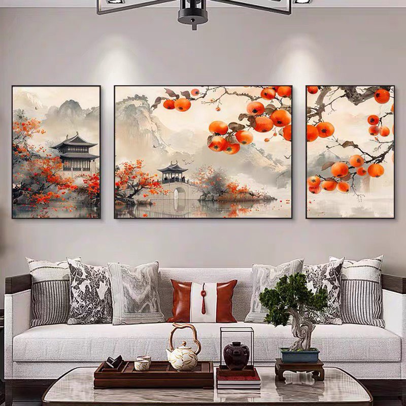 柿柿如意钻石画2025新款满钻客厅三联画中国风手工粘钻十字绣全贴