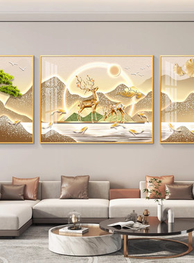2026新款钻石画满钻客厅三联画财鹿金山沙发背景水晶钻十字绣大气