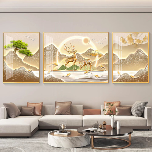 2026新款钻石画满钻客厅三联画财鹿金山沙发背景水晶钻十字绣大气