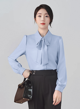 蓝色蝴蝶结衬衫女装2024新款春秋季职业内搭正装上衣面试雪纺衬衣