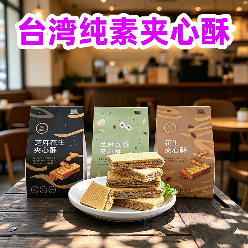 台湾纯素黑芝麻夹心酥五谷花生威化饼干素食佛家儿童休闲小零食