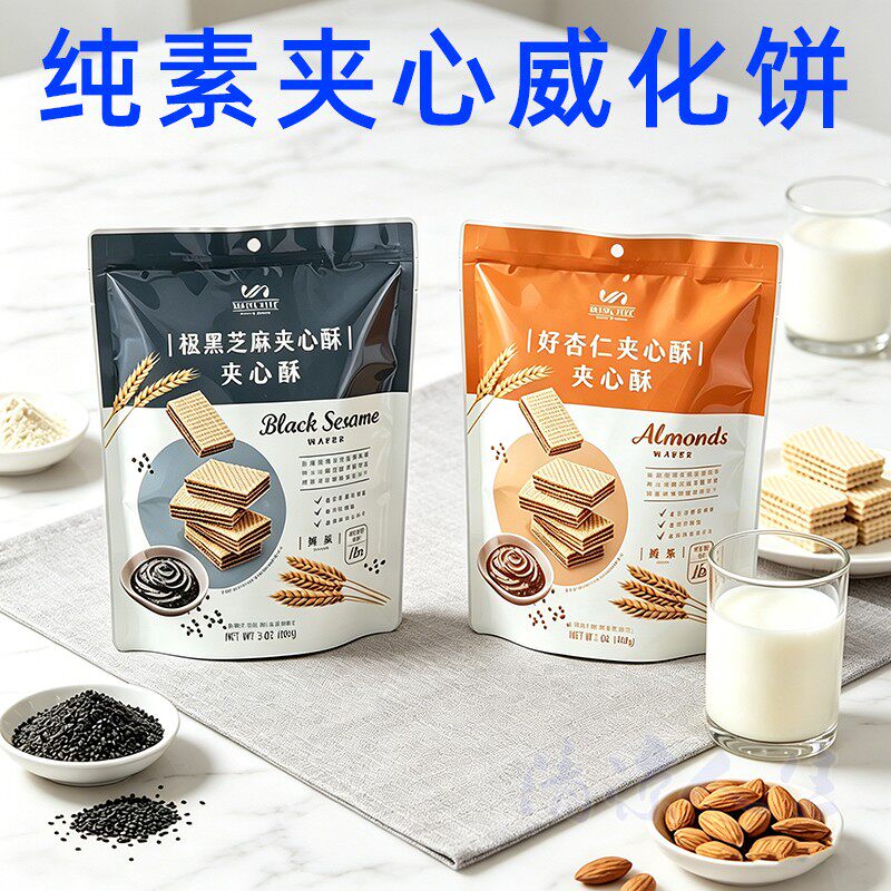 台湾纯素极黑芝麻夹心酥杏仁威化饼干明奇素食佛家休闲儿童小零食