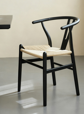 简约实木餐椅Y椅家用靠背椅餐厅编绳叉骨椅茶桌椅复古黑色咖啡椅