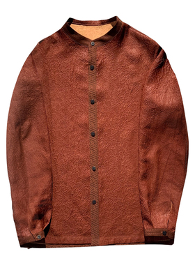 龟裂纹香云纱男士衬衫春秋季长袖立领宽松红云纱冠乐绉休闲衬衣男