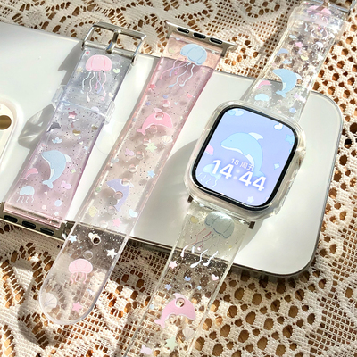 康康的原创梦幻闪粉透明渐变海豚适用于iwatch987s10苹果手表表带