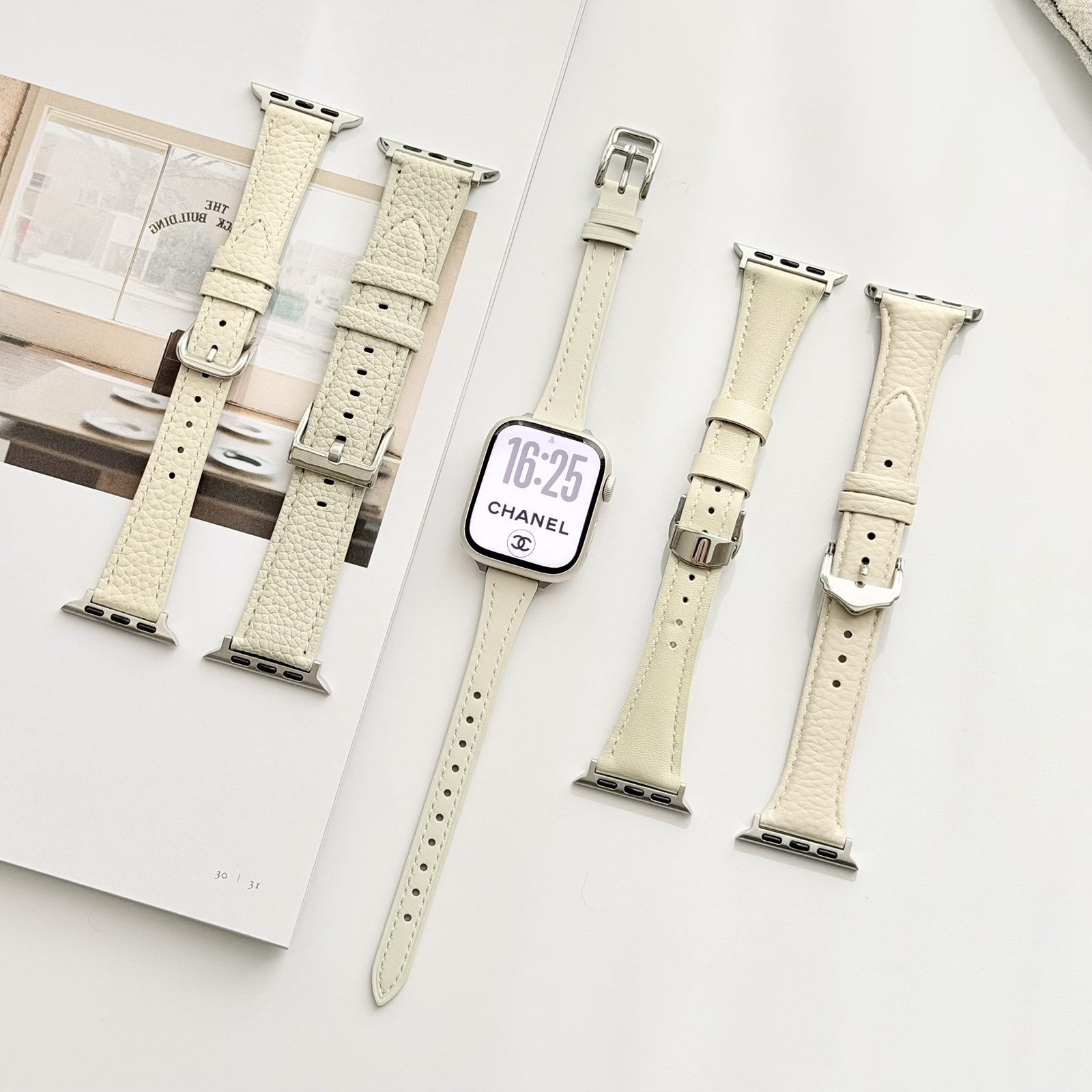 康康的星光色系列秋冬米白皮质适用于iwatch11s10se9苹果手表表带图片