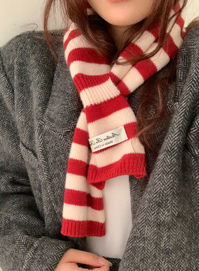 新款韩版红色条纹针织小围巾女秋冬季保暖百搭显白学生针织围脖潮