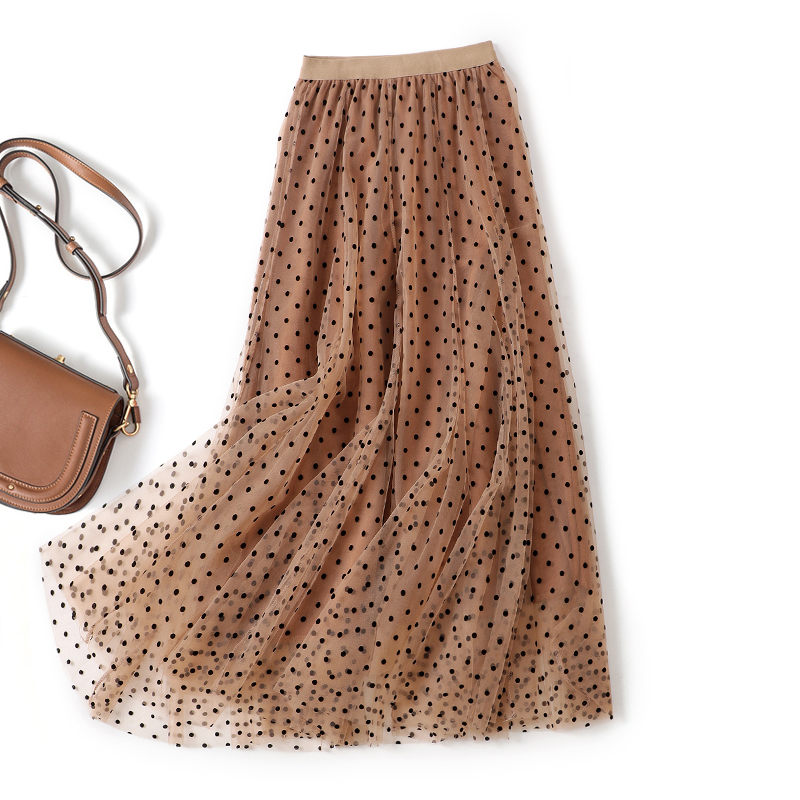 植绒波点纱裙高腰中长款