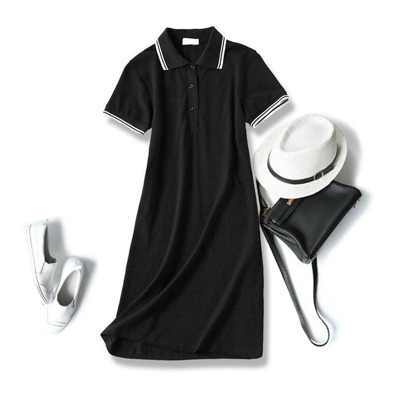 减龄珠地全棉polo衫裙子女夏高腰短袖修身休闲运动显瘦直筒t恤裙