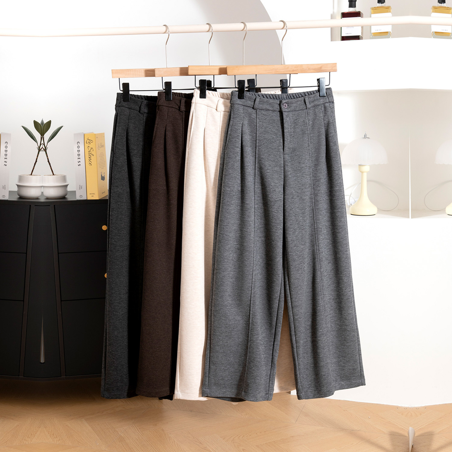 灰色毛呢阔腿裤女高腰宽松垂感