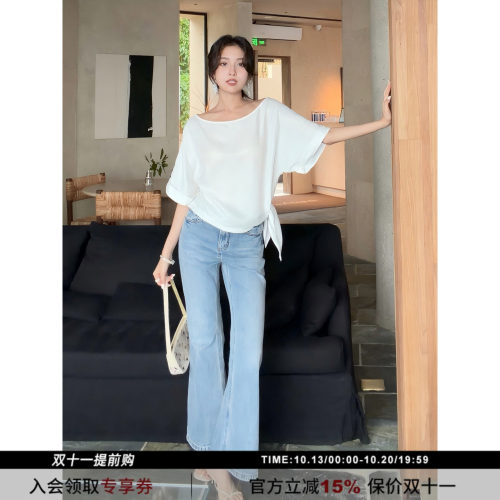 SYT自制版型好腰带浅蓝色牛仔裤
