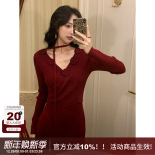 针织连衣裙女 型长袖 SYT自制 通勤风休闲花朵设计v领交叉绑带修身