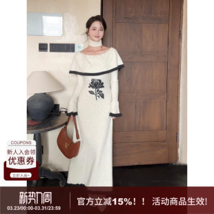 裙 收腰A型修身 SYT自制 大圆领围脖花朵羊毛针织连衣裙女冬喇叭袖