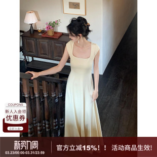 长裙 简约方领绑带连衣裙女百搭气质垂感收腰显瘦修身 SYT自制 法式