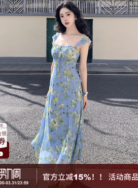 SYT自制 度假氛围感小飞袖收腰印花连衣裙女夏季新款蓝色花长裙子