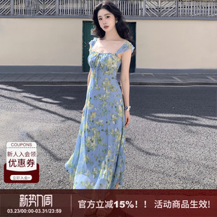 新款 收腰印花连衣裙女夏季 蓝色花长裙子 度假氛围感小飞袖 SYT自制