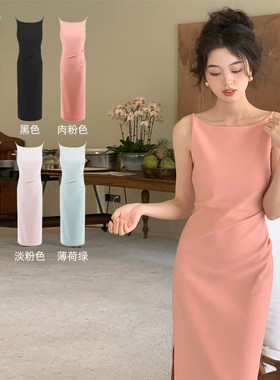 经典肯豆一字领收腰修身连衣裙