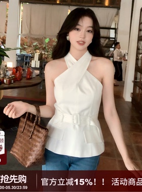 【南风】SYT自制 气质时尚风纯色交叉挂脖设计显瘦无袖背心上衣女