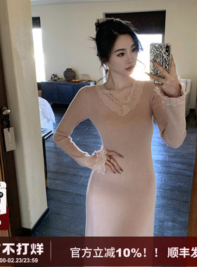 【软烟罗】SYT自制 法式高品质性感纯欲蕾丝拼接边针织长袖连衣裙