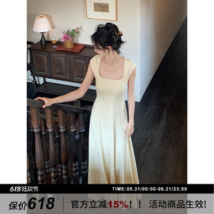SYT自制 法式简约方领绑带连衣裙女百搭气质垂感收腰显瘦修身长裙
