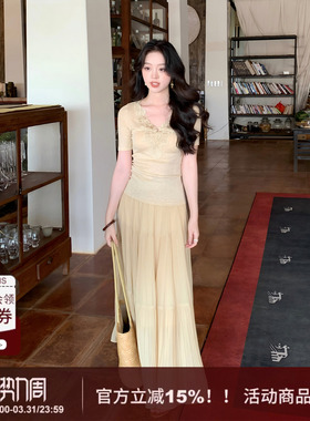 【岚烟】SYT自制 纯色休闲风重工压褶设计感高腰大摆半身裙女