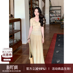 纯色休闲风重工压褶设计感高腰大摆半身裙女 SYT自制 岚烟